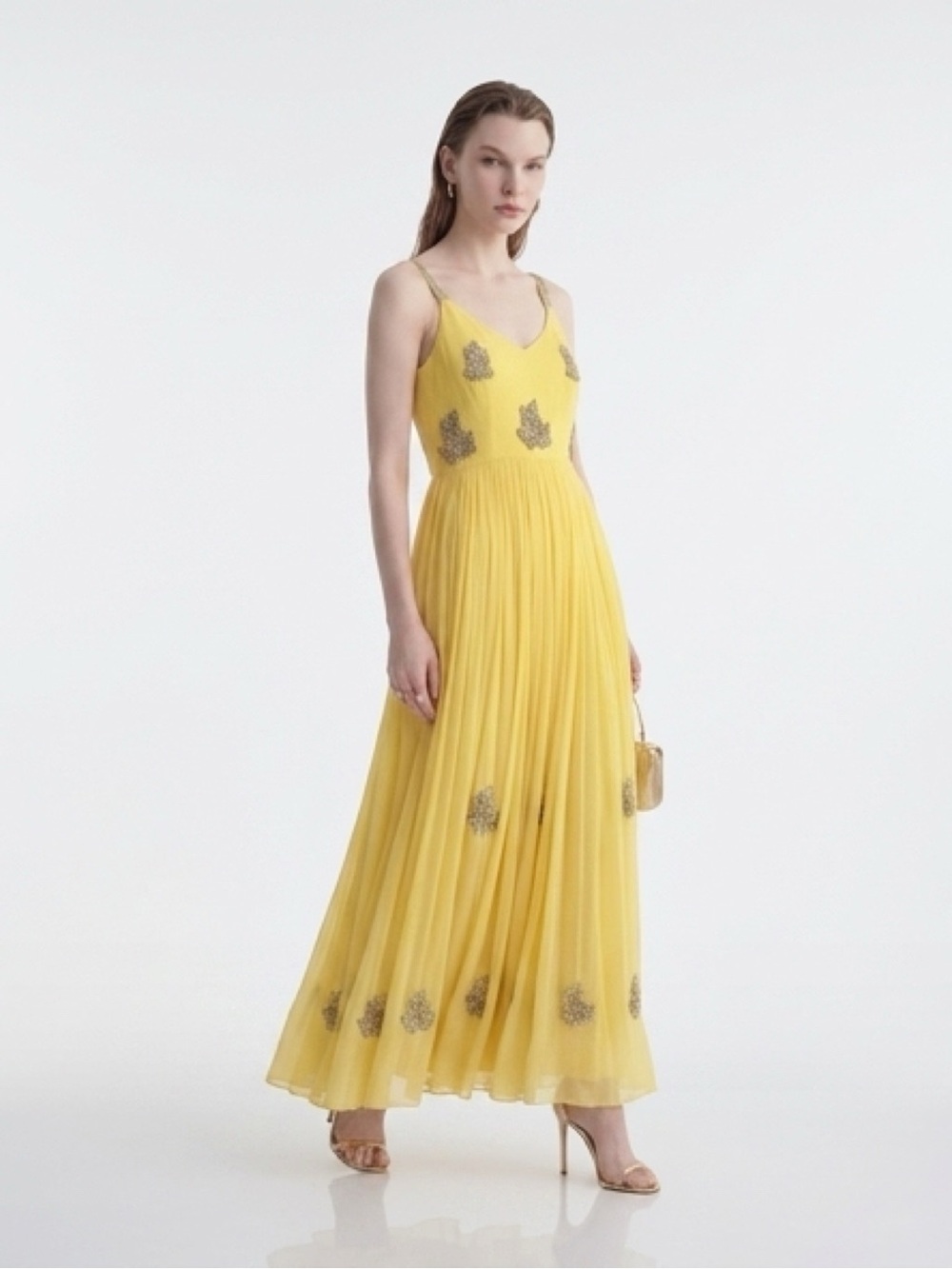 Yellow Floral Dress with White and Pink Floral Scarf